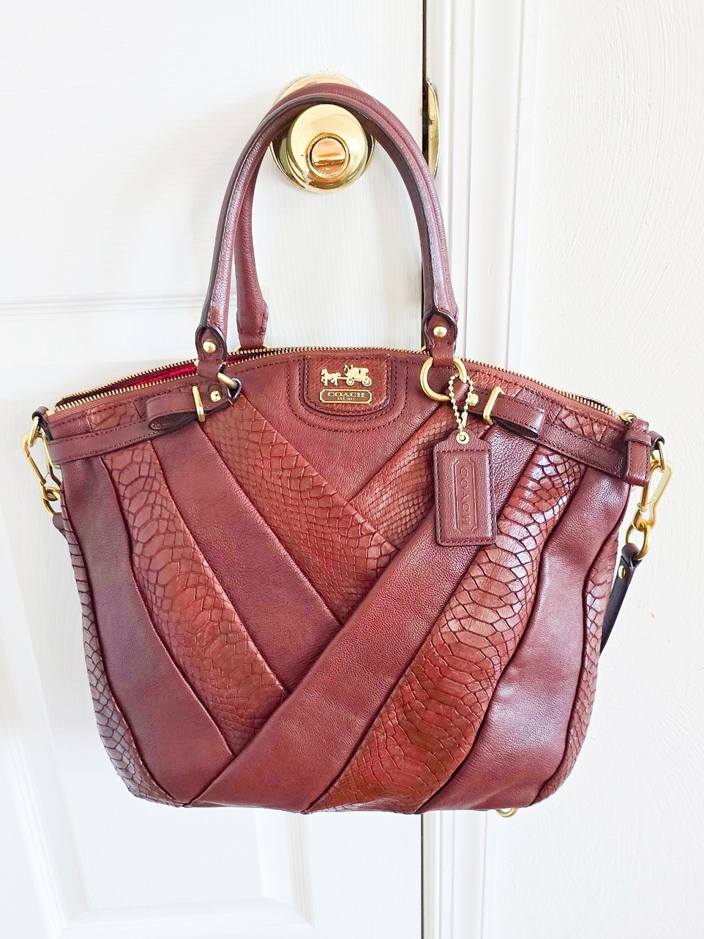 Coach Madison Large Tabacco Pyton/ Leather Patchwork Satchel with Gold Hardware